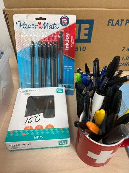 Office supplies incld. Papermate pens, markers, and stick pens