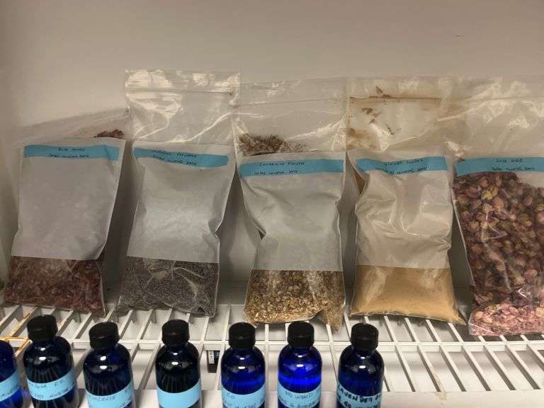 dried herbs, flowers, essential oils, and ingredients