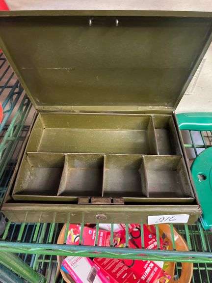 Vintage industrial olive green metal cash box