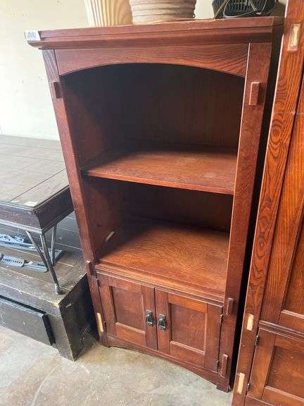 Mission-style bookcase constructed from wood w/ lower cabinet doors Retails $2000+