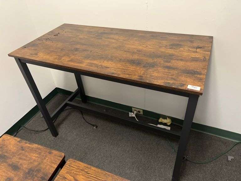 Industrial Bar Table featuring a rustic brown engineered wood top and a black metal frame