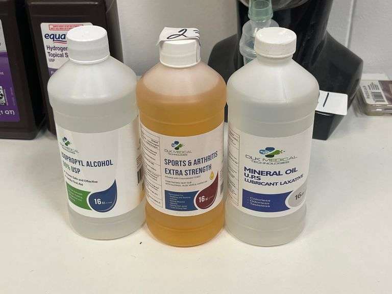 Chemicals incld. DLK Medical Technologies Sports & Arthritis Extra Strength penetrating heat rub, 16 oz bottle of DLK Medical Technologies brand Mineral Oil Count 3