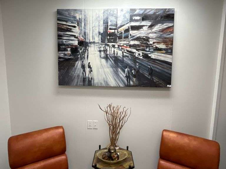 Boulevard Sweets" by Daleno depicts a bustling city street in motion, with blurred figures and streaks