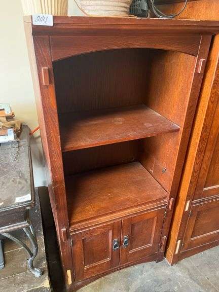 Mission-style bookcase constructed from wood w/ lower cabinet doors Retails $2000+