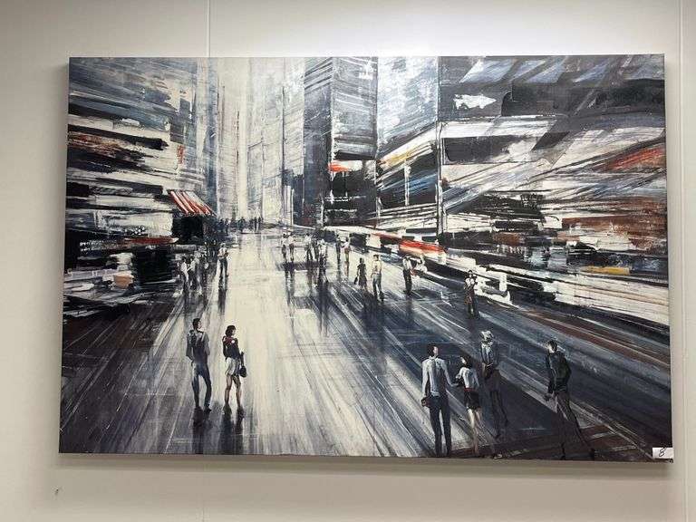 Boulevard Sweets" by Daleno depicts a bustling city street in motion, with blurred figures and streaks