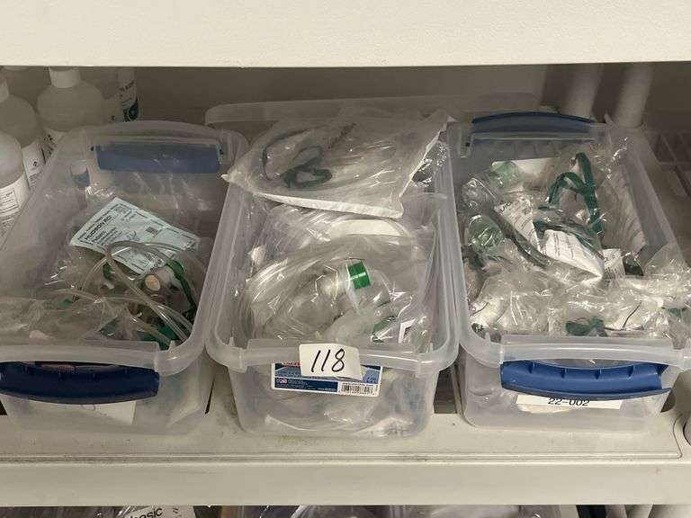 Shelf lot of Hudson RCI oxygen tubing, disposable non-rebreather oxygen masks with tubing,