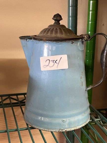 Vintage blue enamelware coffee pot