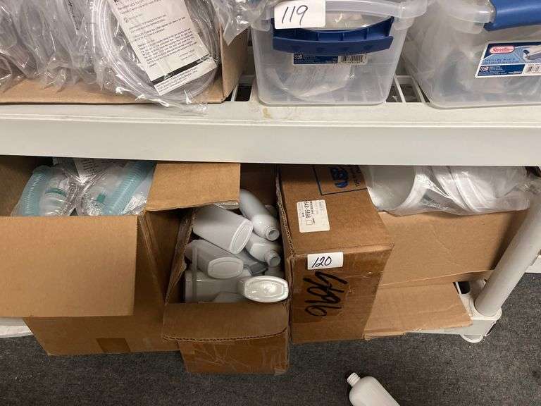 Shelf lot containing Hudson RCI nebulizer kits, refillable containers,