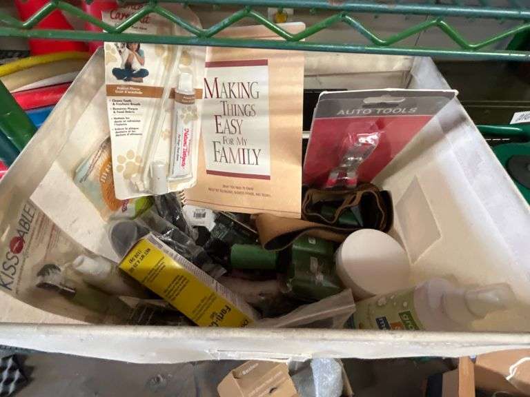 Bin lot incld. Sentry  Petrodex Natural Dog Dental Care Kit, FortiFlora nutritional supplement for pets, Auto Tools, and more