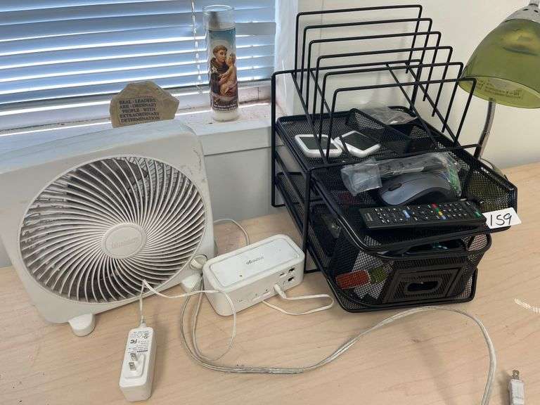 Office supplies incld. lamp, small fan, filing container