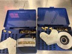 Coining wheel sealing machine, The set includes a circular wheel for embossment, a backing plate, and a variety of small, loose copper letters and numbers