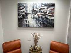 Boulevard Sweets" by Daleno depicts a bustling city street in motion, with blurred figures and streaks