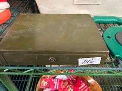 Vintage industrial olive green metal cash box