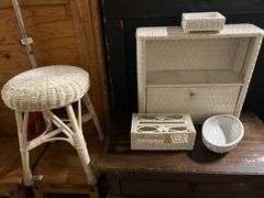 Vintage style Wicker furniture incld. End table, stool, and more