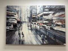 Boulevard Sweets" by Daleno depicts a bustling city street in motion, with blurred figures and streaks