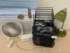 Office supplies incld. lamp, small fan, filing container