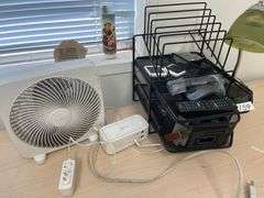 Office supplies incld. lamp, small fan, filing container