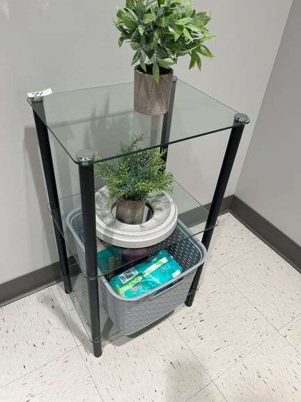 3-TIER GLASS DISPLAY SHELF WITH DÉCOR INCLD.. APROX 16"X1'x29"