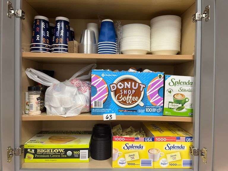 COFFEE STATION SUPPLIES INCLD.. PAPER MUGS W/ LIDS, DONUT SHOP COFFEE SINGE SERVE CUPS, SPLENDA 1000 CT BOX, FOAM BOWLS ETC.