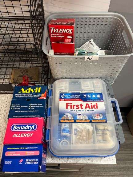 FIRST AID LOT INCLD.. FIRST AID 335 PIECE OF ESSENTIAL FIRST AID, ADVIL, BENADRYL ALLERGY, TYLENOL, ETC