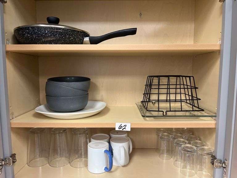 CABINET LOT OF DISHES INCLD.. COFFEE MUGS, BOWLS, ETC.