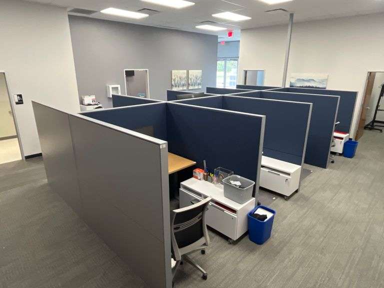 MODERN OPEN CONCEPT OFFICE CUBICLE SETUP WITH TALL FABRIC WRAPPED PRIVACY PANELS, SLEEK GREY FRAMES, 8-CUBES TOTAL.. APROX TOTAL SIZE 21' x 12' x 65"
