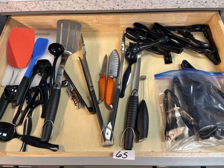 DRAWER FULL OF KITCHEN UTENSILS INCLD.. ULINE SPATULA FURI KNIVES, TONGS, ETC.