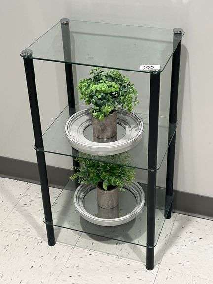 3-TIER GLASS DISPLAY SHELF WITH DÉCOR INCLD.. APROX 16"X1'x29"