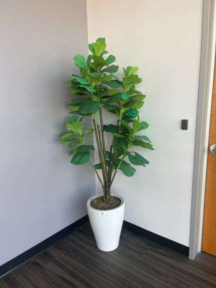 TALL FAUX PLANT IN TALL WHITE PLANTER APROX 6'H