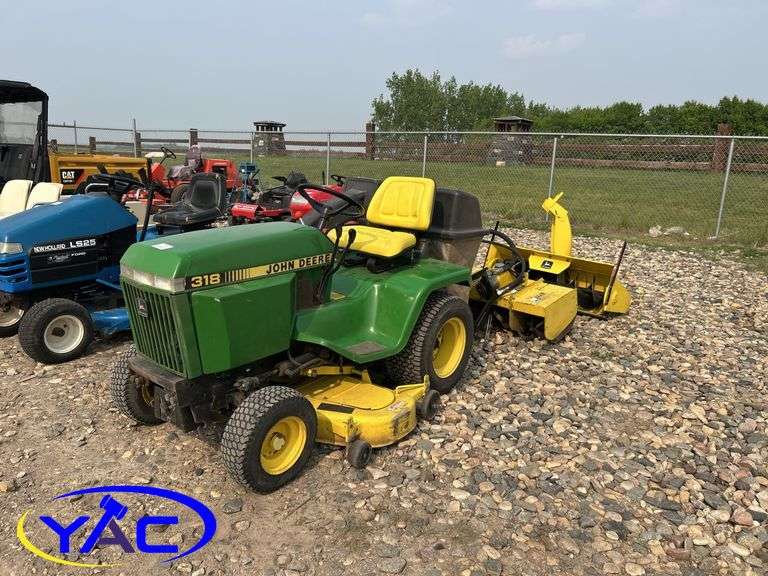 JOHN DEERE 52" RIDING MOWER 318 W/ BAGGER, ROTOTILLER & SNOWBLOWER