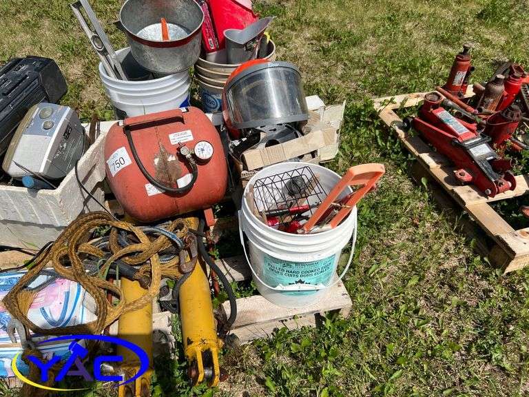 Pallet W/ Funnels, Air Tank, Misc. Shop Items