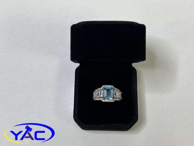 925S 4.0ct Emerald Cut Natural Swiss Blue Topaz Halo Ring - Size 6