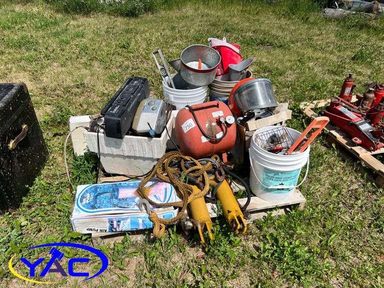 Pallet W/ Funnels, Air Tank, Misc. Shop Items