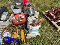 Pallet W/ Funnels, Air Tank, Misc. Shop Items