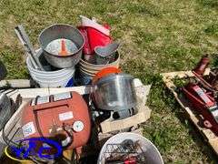 Pallet W/ Funnels, Air Tank, Misc. Shop Items