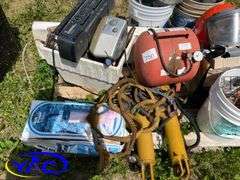 Pallet W/ Funnels, Air Tank, Misc. Shop Items