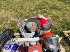 Pallet W/ Funnels, Air Tank, Misc. Shop Items