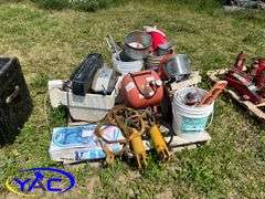 Pallet W/ Funnels, Air Tank, Misc. Shop Items