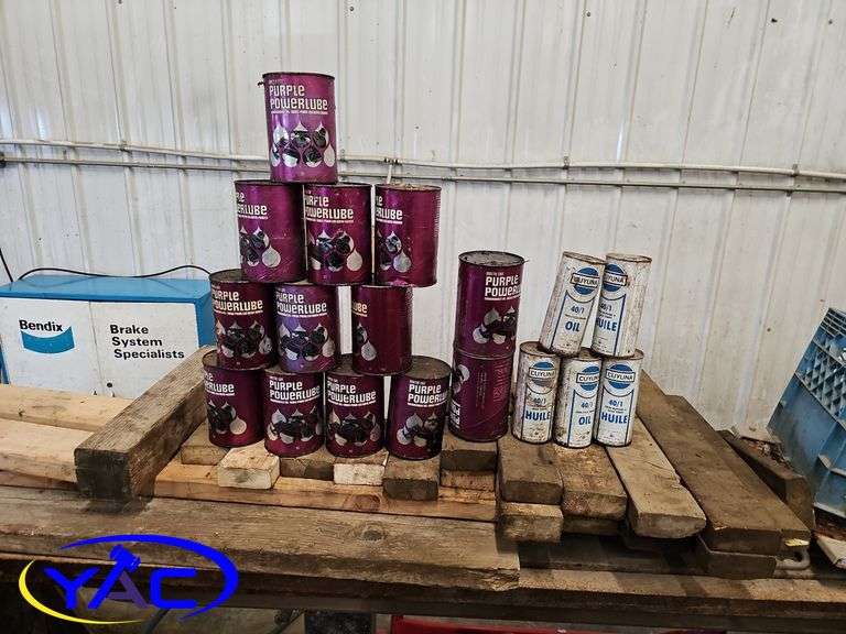 Multiple Cans Of Arctic Cat Purple Powerlube & Cans Of Cuyuna 40/1 Oil