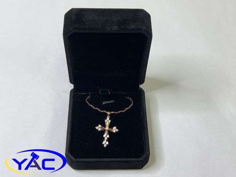 New 18KGold Plated 32.0mm Simulated Diamond Cross Necklace - Chain 18" Long