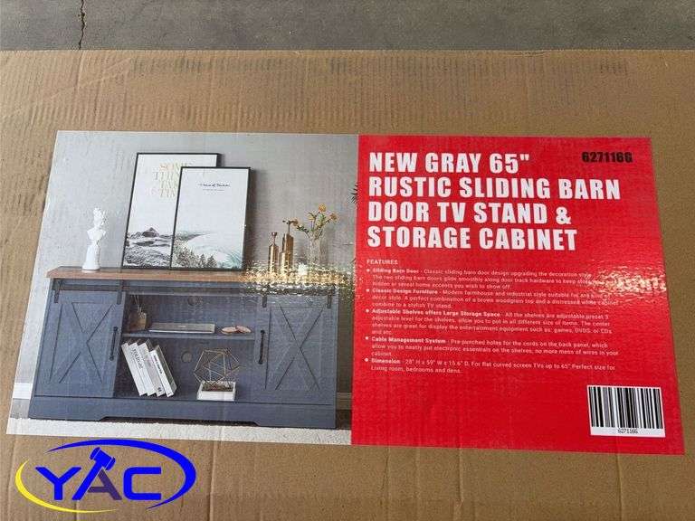 Grey 65” Rustic Sliding Barn Door TV Stand & Storage Cabinet