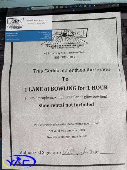 Certificate For 1hr Bowling From Yorkton Bowl Arena