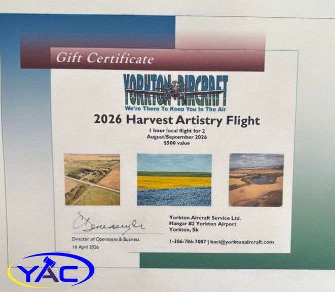 1hr 2026 Harvest Artistry Flight W/ Yorkton Aircraft $500 Value