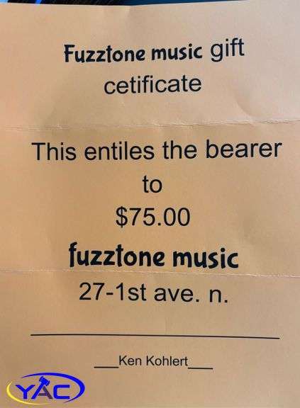 Fuzztone Music Gift Certificate For $75.00