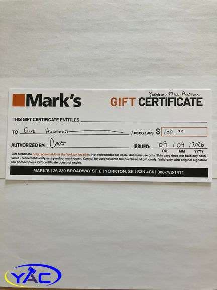 Mark's Yorkton $100 Gift Certificate