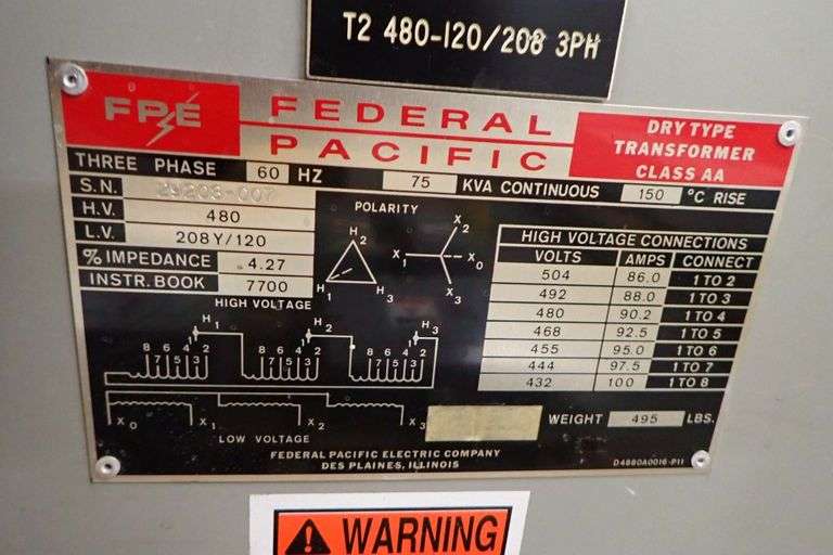 Federal Pacific 75 KVA Dry Type Transformer Yellow Tag Auctions