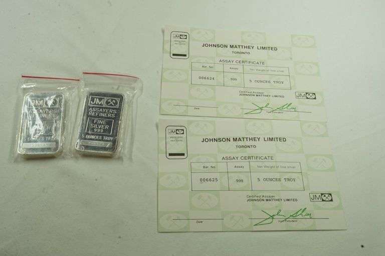 Lot of (2) Johnson Matthey 5 Troy Ounce Silver Bars w/Certificates