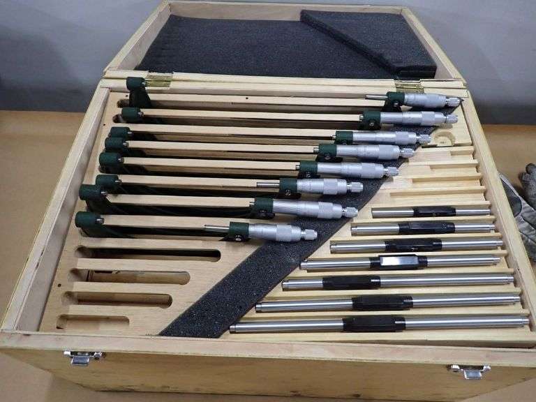 Micrometer Rack Organizer Rack Lot of (8) Assorted Micrometers with Extension Rods and Storage Case ...