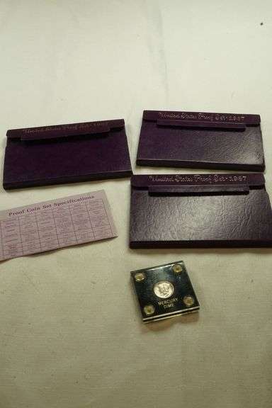 Lot of (3) 1987 Coin Sets & (1) Mercury Dime in Case