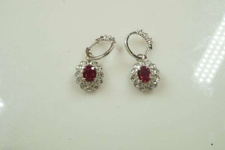Set of 18k White Gold Earrings w/Diamonds & Red Stones